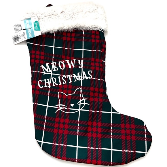 NWT Friscoe Cat Red Plaid Holiday Stocking "Meowy Christmas" Graphics - Picture 1 of 4
